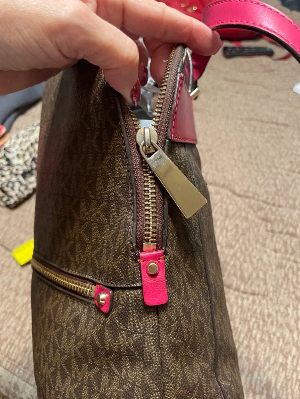 Michael Kors Brown Monogram Backpack with Pink Trim